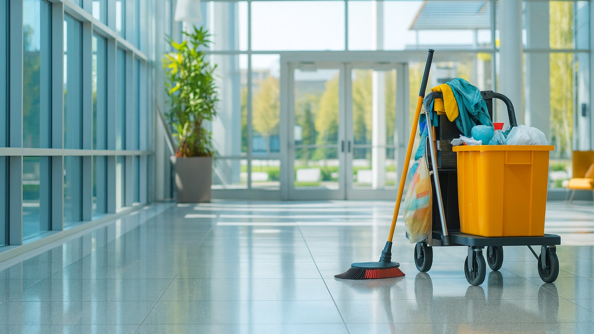 Janitorial cleaning cart in modern commercial space